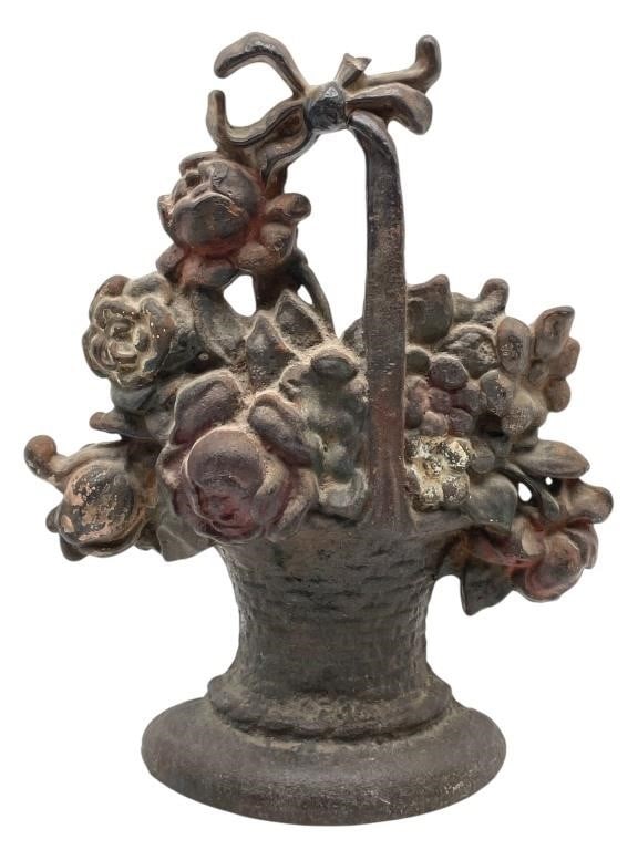 ANTIQUE CAST IRON FLAT BACK FLOWER BASKET DOORSTOP (1 of 7)