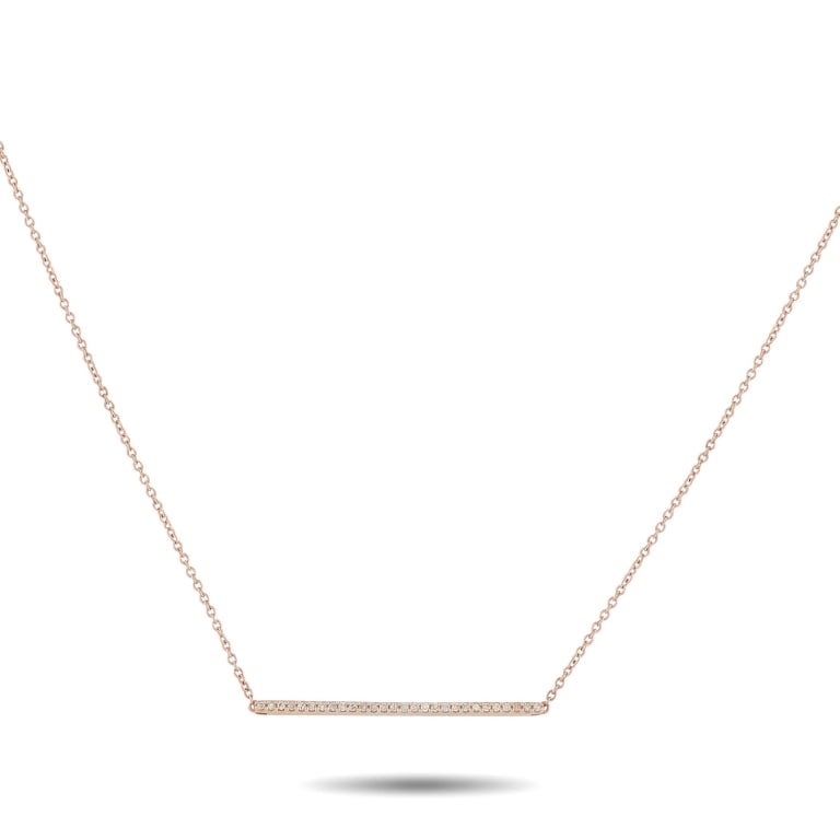 14K ROSE GOLD 0.10CT DIAMOND BAR NECKLACE: *Note SPECIAL SHIPPING on Luxury Jewelry BELOW* Add a subtle touch of sparkle to any outfit with this exquisite necklace. Warm 14K Rose Gold beautifully complements the series of Diamonds totaling 0.1