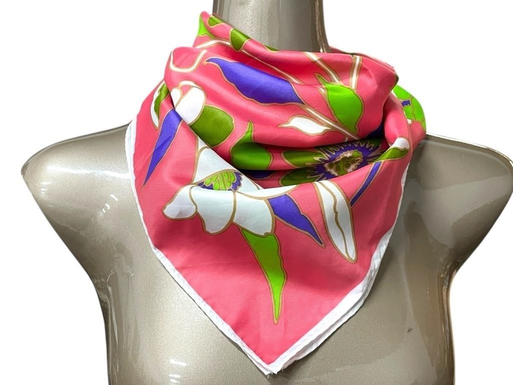 ISLAND FLOWER'S BY SMITH'S BERMUDA PINK SILK SCARF: *For ALTERNATIVE SHIPPING QUOTES or local PICKUP details, please visit www.dejavuauctionshipping.com* FLORAL SILK SCARF IN PINK, GREEN, & PURPLE 23.5" -Very good pre owned condition -Approx 23.5" -Sca