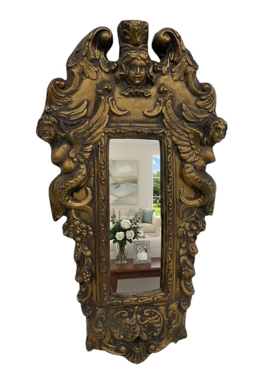 ITALIAN BAROQUE STYLE GILTWOOD CHERUB MIRROR 23" (1 of 7)