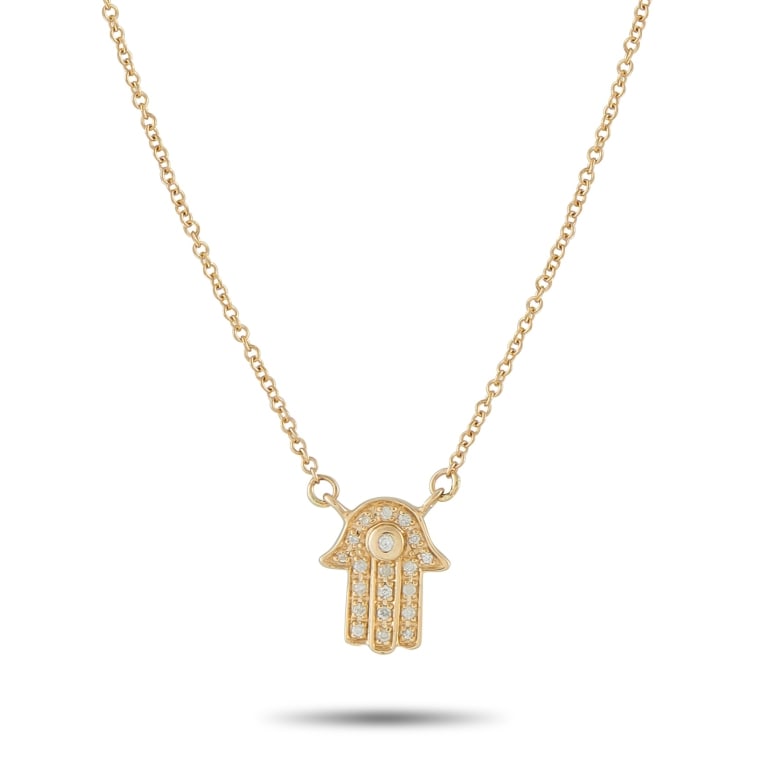 14K YG 0.10CT DIAMOND HAMSA NECKLACE: *Note SPECIAL SHIPPING on Luxury Jewelry BELOW* Like a soft beacon of calm you can wear, this 14K yellow gold Hamsa pendant holds a bezel-set round diamond at its center, its open palm detailed in pav