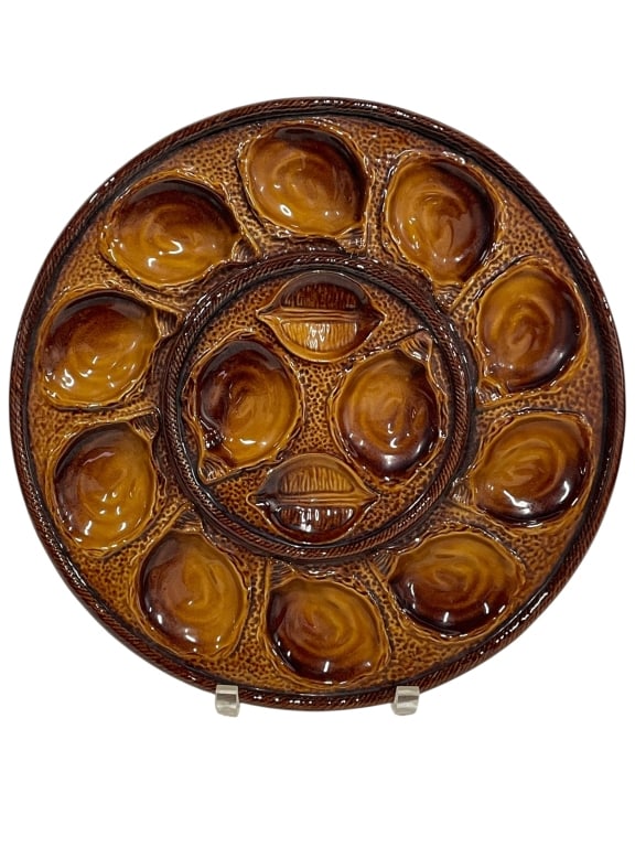 FRENCH MAJOLICA OYSTER PLATTER BY SAINT CLEMENT: *for alternative shipping options please go to www.dejavuauctionshipping.com -1960's FRENCH MAJOLICA OYSTER PLATTER BY SAINT CLEMENT, -Striking mid-century French majolica oyster plate attributed to S