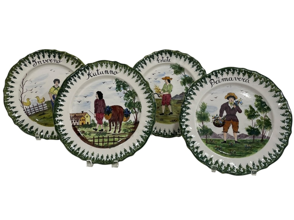 4 ITALIAN SEASONAL HAND-PAINTED CERAMIC PLATES 13": SET OF 4 ITALIAN SEASONAL HAND-PAINTED CERAMIC PLATES – *for competitive shipping options please go to www.dejavuauctionshipping.com -INVERNO, AUTUNNO, ESTATE, PRIMAVERA – 13" APPROX -Vibrant set