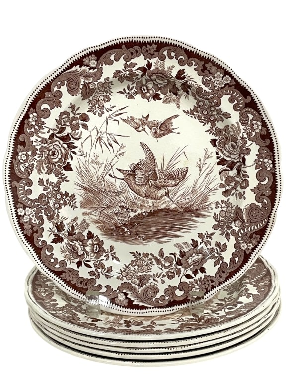 6 COPELAND SPODE WOODCOCK PATTERN PLATES: *for alternative shipping options please go to www.dejavuauctionshipping.com -SET OF 6 COPELAND SPODE WOODCOCK PATTERN EDITION PLATES INCLUDING NOS. 2, 4, 8, 10, 19 AND ONE UNNUMBERED -Collection of s