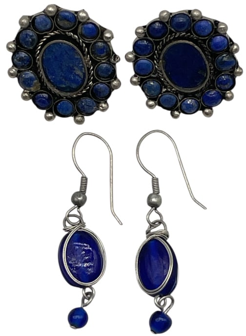 2 PAIRS OF STERLING SILVER AND LAPIS EARRINGS: -VERY GOOD PRE OWNED CONDITION -BOTH PAIRS DISPLAY RICH LAPIS INDIGO HUES AND ARTISAN CHARACTER. For shipping alternatives, please contact: DeJaVuAuctionShipping.com. For pickup appointments and shipp