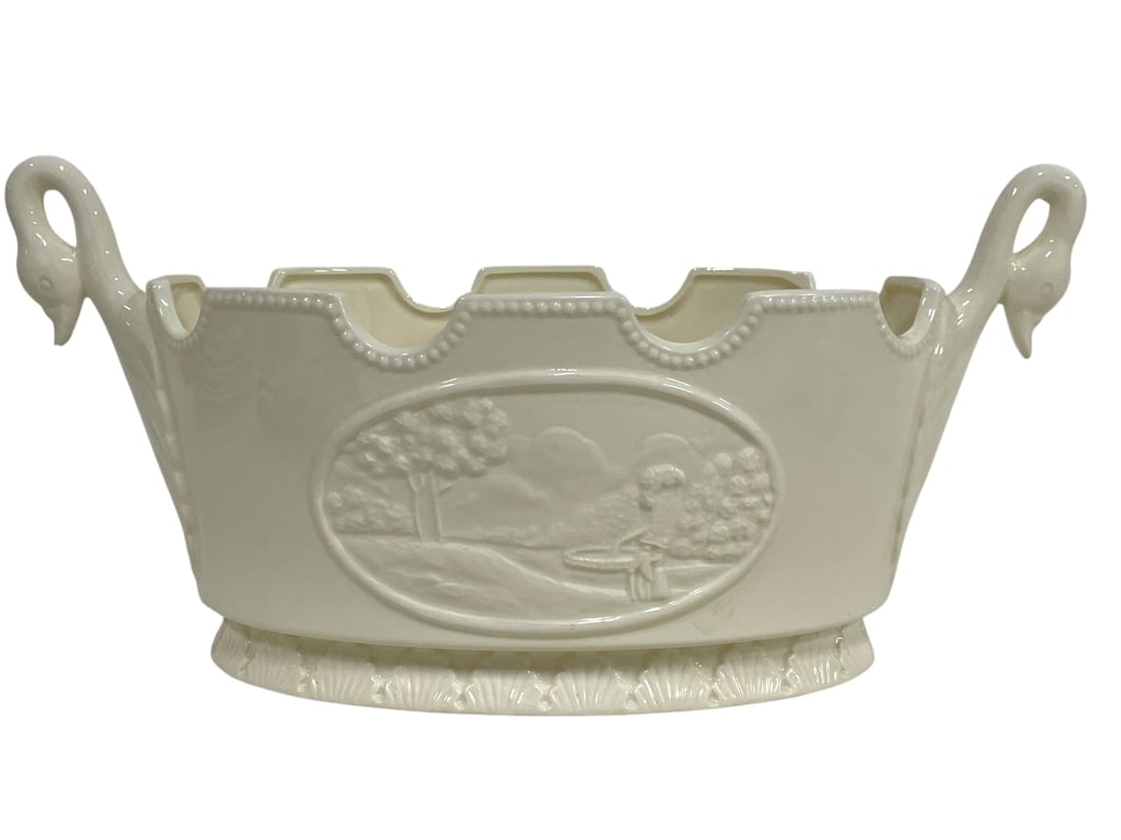 HALDON WHITE GLAZED CERAMIC SWAN HANDLE CACHEPOT (1 of 5)