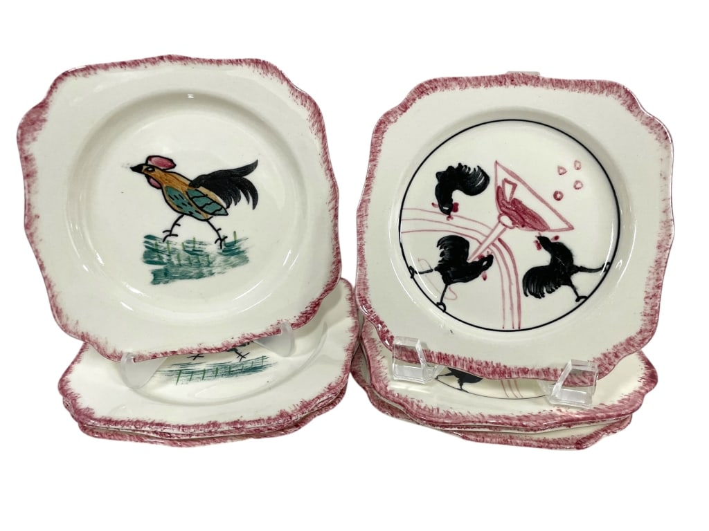 8 FRENCH COUNTRY STYLE ROOSTER PORCELAIN PLATES: *for alternative shipping options please go to www.dejavuauctionshipping.com -FRENCH COUNTRY STYLE ROOSTER PORCELAIN PLATES – TWO PATTERNS – 8 TOTAL -Grouping of eight square porcelain plates with