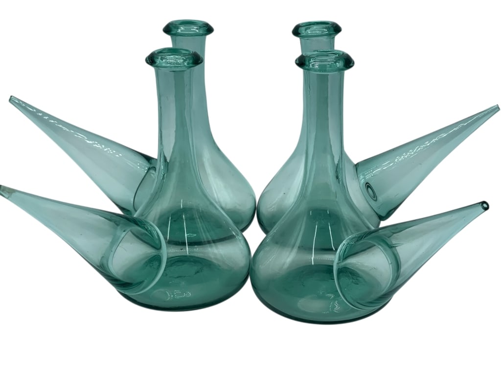 4 ANTIQUE BLUE GLASS PORRON APOTHECARY BOTTLES: *for alternative shipping options please go to www.dejavuauctionshipping.com -SET OF 4 ANTIQUE BLUE GLASS PORRON APOTHECARY BOTTLES -Collection of four antique hand-blown blue glass porrons featuring