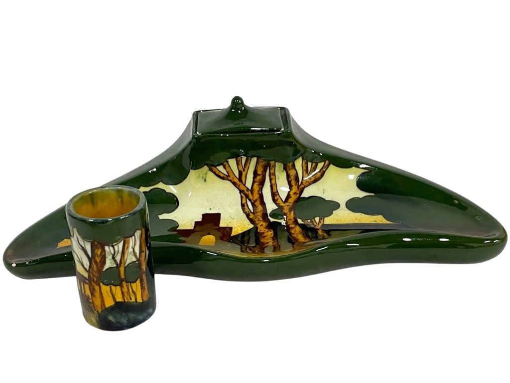 MOORCROFT STYLE LANDSCAPE POTTERY INKWELL /CUP 11": *for alternative shipping options please go to www.dejavuauctionshipping.com -MOORCROFT STYLE LANDSCAPE POTTERY INKWELL WITH MATCHING CUP -Art pottery inkwell in the Moorcroft style featuring a rich d