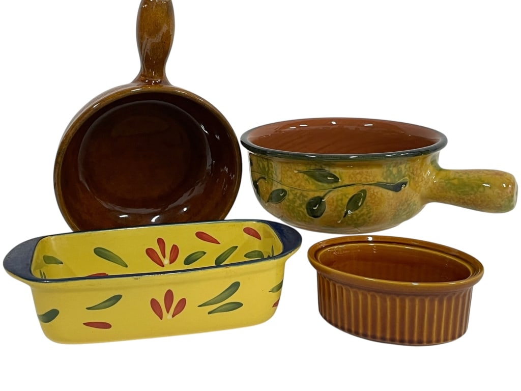 4 TERRA ANTICHE STYLE CERAMIC BAKEWARE DISHES: *for alternative shipping options please go to www.dejavuauctionshipping.com -TERRA ANTICHE STYLE VINTAGE CERAMIC BAKEWARE & SERVING DISHES – 4 PIECE LOT -Charming four-piece grouping in Terra Antic