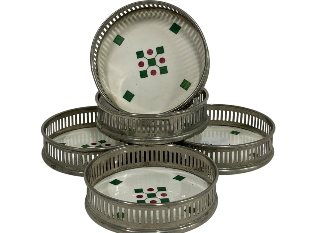 VINTAGE SILVERS BROOKLYN PORCELAIN COASTERS: *for alternative shipping options please go to www.dejavuauctionshipping.com -VINTAGE SILVERS BROOKLYN PORCELAIN COASTERS WITH PIERCED METAL RIMS – SET OF 5 – MADE IN GERMANY -Charming set of five