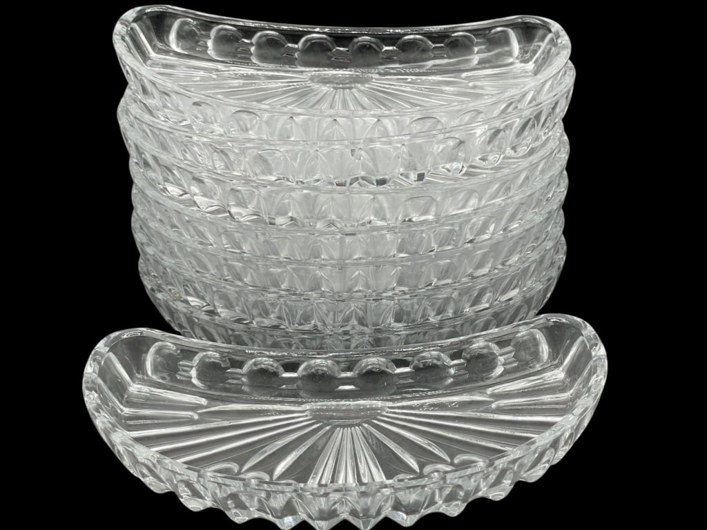 8 VINTAGE PRESSED CUT GLASS RELISH DISHES: *for alternative shipping options please go to www.dejavuauctionshipping.com -VINTAGE PRESSED CUT GLASS RELISH DISHES – SET OF 8 -Set of eight clear pressed cut glass relish dishes featuring scallop