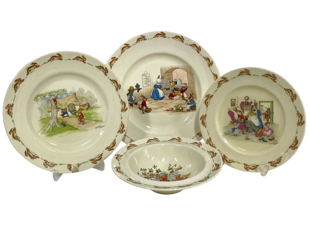 ROYAL DOULTON BUNNYKINS CHILDREN’S DISHWARE SET: *for alternative shipping options please go to www.dejavuauctionshipping.com-ROYAL DOULTON BUNNYKINS CHILDREN’S DISHWARE SET-Charming Royal Doulton Bunnykins children’s dishware grouping