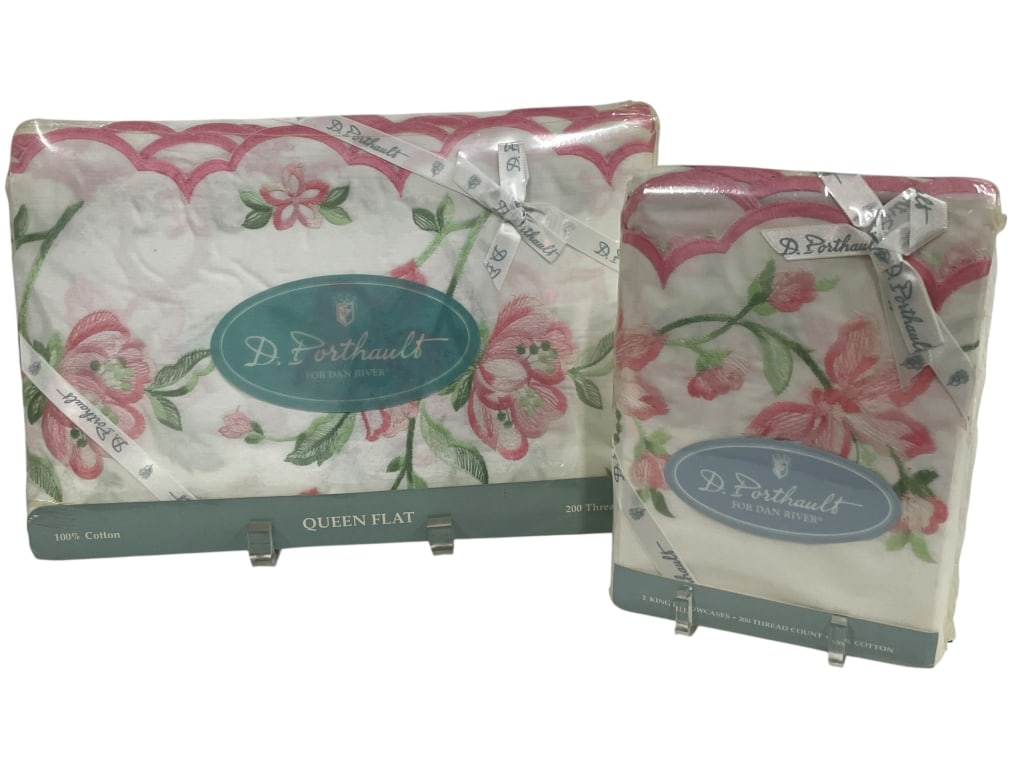 NEW! D. PORTHAULT QUEEN FLAT 2 KING PILLOWCASES: *for alternative shipping options please go to www.dejavuauctionshipping.com-D. PORTHAULT FOR DAN RIVER QUEEN FLAT SHEET WITH 2 KING PILLOWCASES – 100% COTTON, 200 THREAD COUNT-Elegant bedding set