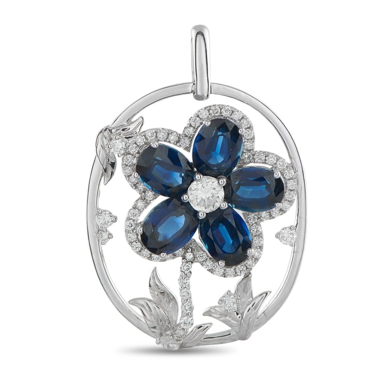 PLATINUM 1.26CT DIAMOND SAPPHIRE FLOWER PENDANT: *Note SPECIAL SHIPPING on Luxury Jewelry BELOW* Shaped with precision and color harmony, this platinum pendant captures the moment a flower comes to life in gemstone form. It features five oval sapphi