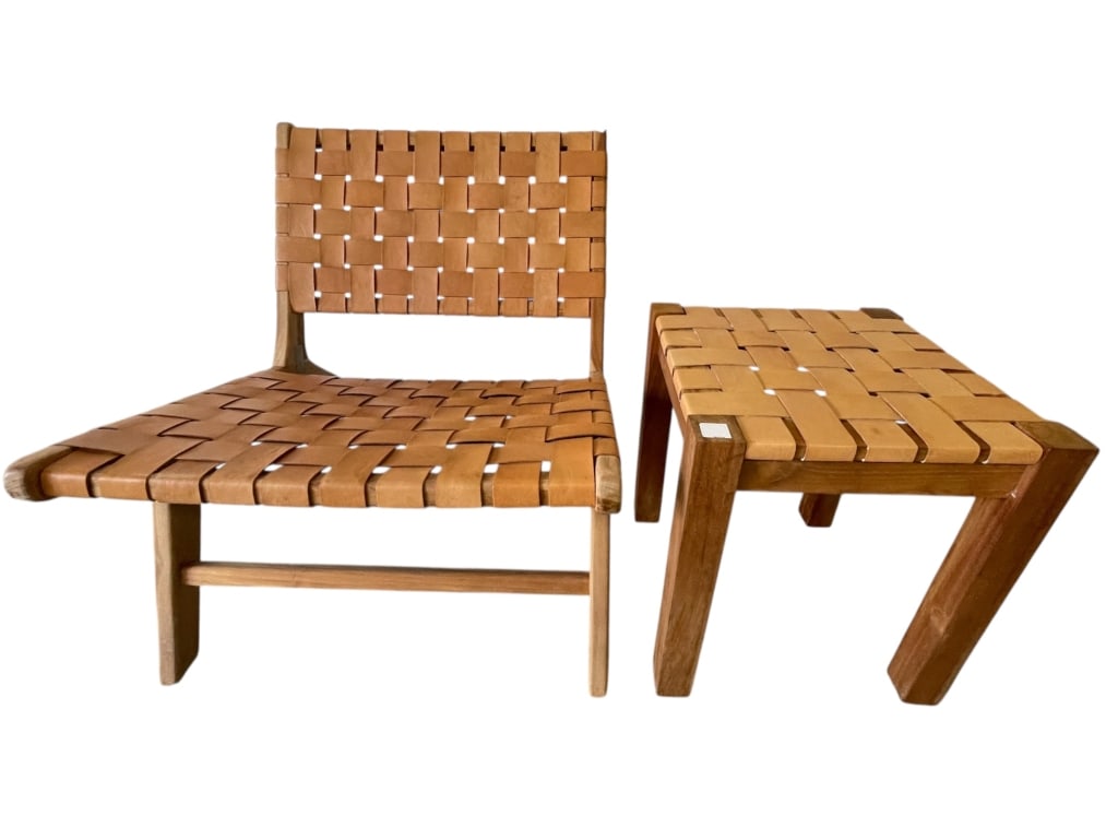 SQUARE WEAVE LEATHER W WOOD LOUNGE CHAIR & TABLE (1 of 6)