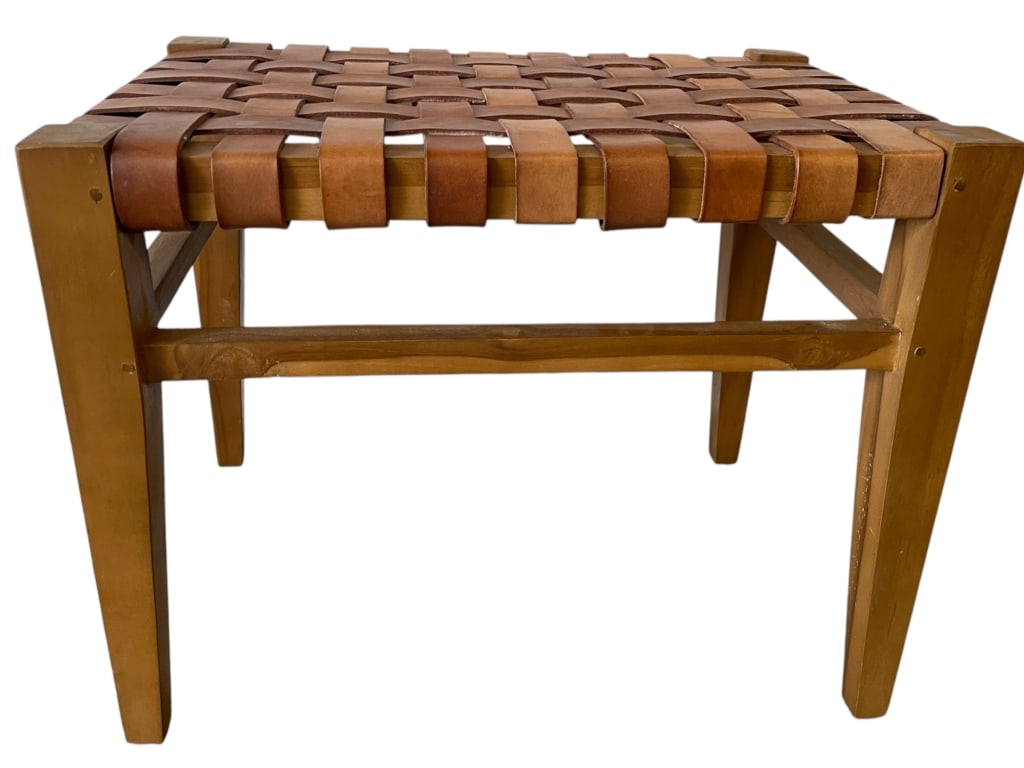 BRISOT SOLID WOOD AND WOVEN LEATHER BENCH 23" (1 of 5)