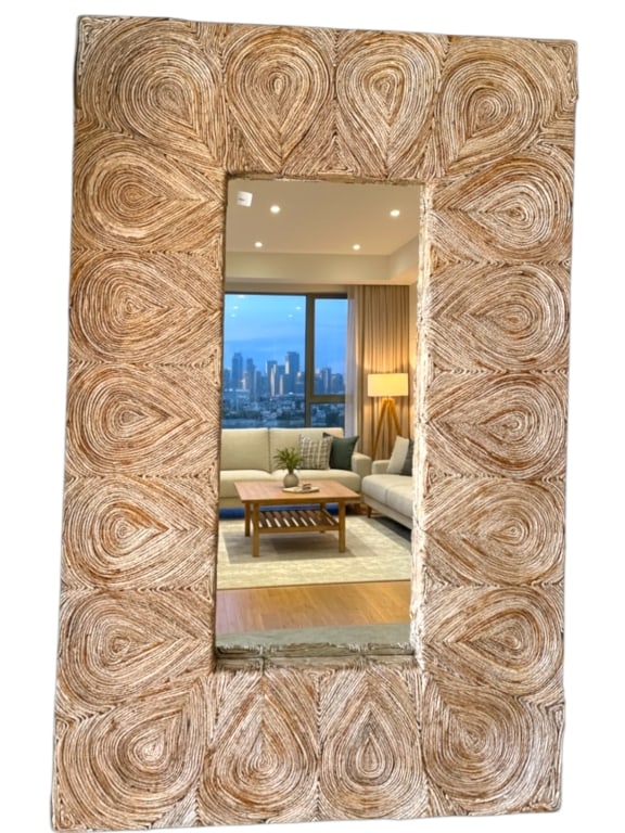 PIER 1 BANANA BARK CARVED WALL MIRROR 60.5": *for alternative shipping options please go to www.dejavuauctionshipping.com-PIER 1 BANANA BARK CARVED WALL MIRROR 60.5" X 38"-Oversized Pier 1 Imports banana bark carved wall mirror featuring a