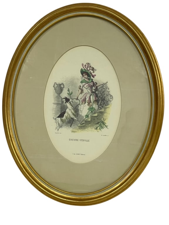CHEVRE-FEUILLE OVAL FRAMED FRENCH PRINT 15": *for alternative shipping options please go to www.dejavuauctionshipping.com -CHEVRE-FEUILLE OVAL FRAMED FRENCH PRINT 15" x 12" oval -Oval-framed French print titled “Chevre-Feuille,” depictin