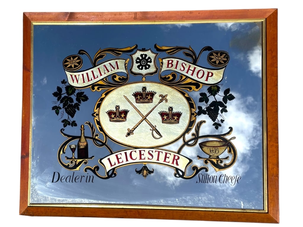 WILLIAM BISHOP LEICESTER ADVERTISING MIRROR 36": *for alternative shipping options please go to www.dejavuauctionshipping.com-EARLY 20TH CENTURY WILLIAM BISHOP LEICESTER STILTON CHEESE ADVERTISING MIRROR 36" X 45.5"-Impressive early 20th century