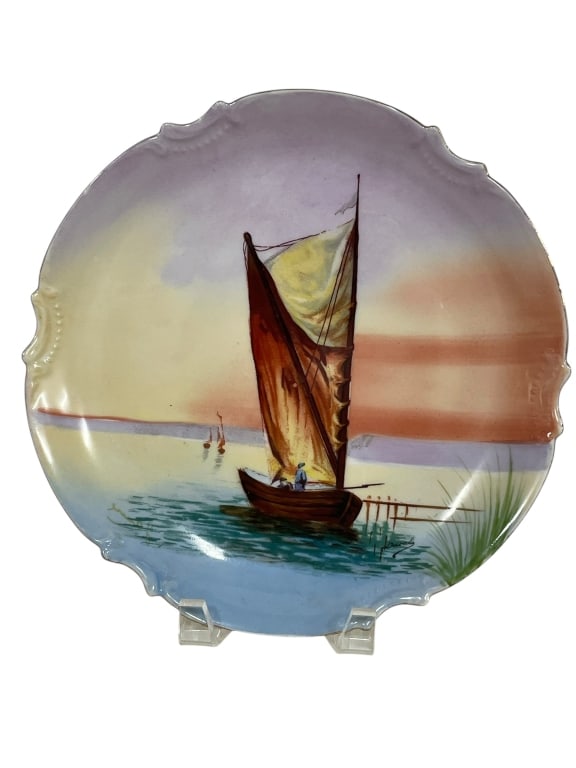 CORONET LIMOGES FRANCE SAILBOAT PLATE 10": *for alternative shipping options please go to www.dejavuauctionshipping.com-CORONET LIMOGES FRANCE HAND-PAINTED SAILBOAT CABINET PLATE SIGNED DOUVAL 10"Fine Coronet Limoges France porcelain cabinet