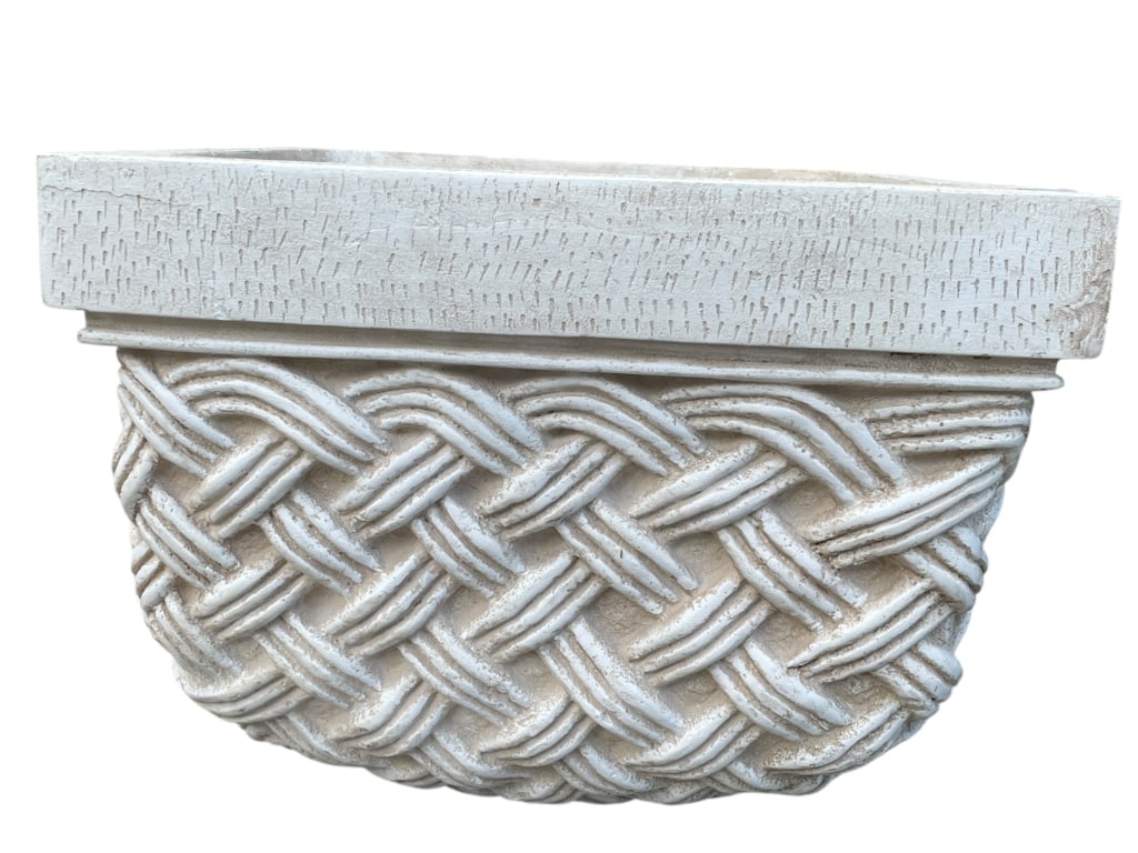 WHITE WOVEN CEMENT BASKETWEAVE PLANTER 19": *for alternative shipping options please go to www.dejavuauctionshipping.com -WHITE WOVEN CEMENT BASKETWEAVE PLANTER CACHEPOT 15" X 19" X 19" APPROX -Decorative white planter featuring a sculptural ba
