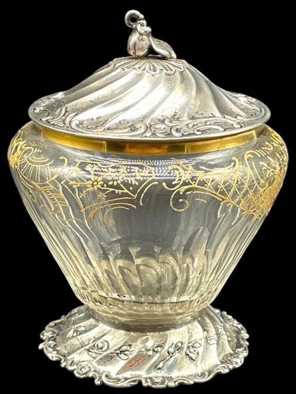 VTG FRENCH SILVER MOUNTED SUGAR BOWL W/GILDING: *For ALTERNATIVE SHIPPING QUOTES or local PICKUP details, please visit www.dejavuauctionshipping.com* -This item is a French silver-mounted crystal sugar bowl featuring intricate gold gilding. -Materi