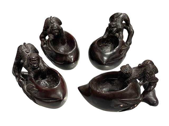 4 CHINESE RED STONE CARVED MONKEY BRUSH WASHERS: *For ALTERNATIVE SHIPPING QUOTES or local PICKUP details, please visit www.dejavuauctionshipping.com* SET OF 4 TOTAL MONKEY BRUSH WASHERS - These were often used for calligraphy and would feature a mo