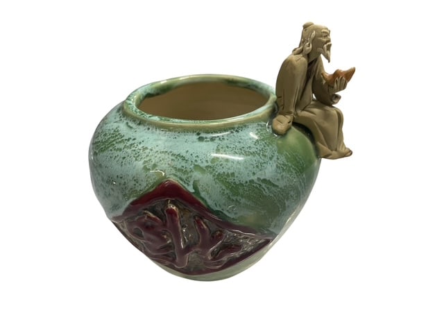 CHINESE MUDMAN BONSAI POTTERY PLANTER URN VINTAGE: *For ALTERNATIVE SHIPPING QUOTES or local PICKUP details, please visit www.dejavuauctionshipping.com*This item is an antique Chinese Mudman planter bowl featuring a sculpted Asian figure sitting on