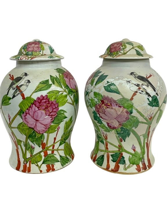 CHINESE PORCELAIN FLORAL & BIRD GINGER JARS 14" (1 of 15)