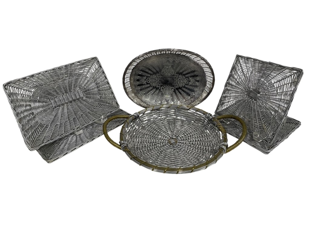 ASSORTED SILVER-TONE WOVEN METAL TRAYS AND BASKETS (1 of 8)