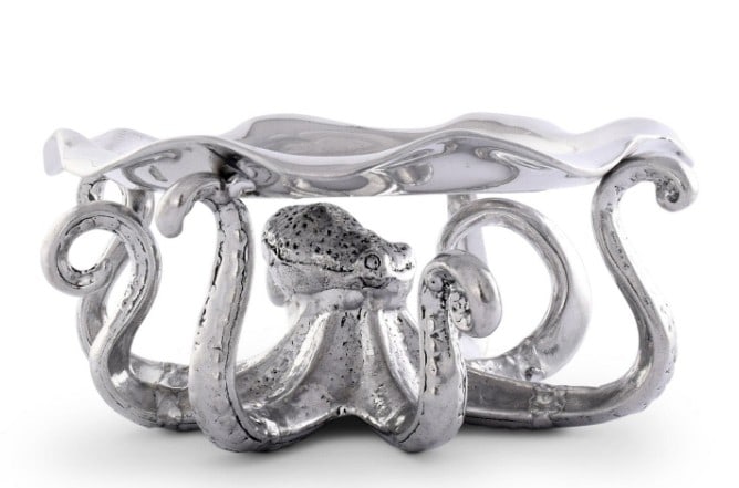 NEW! ARTHUR COURT OCTOPUS COOKIE STAND: Discover the Arthur Court Treat Stand, a captivating fusion of oceanic elegance and practical design, standing at 4" tall with a 9" diameter tray. This unique piece features a meticulously crafted oct