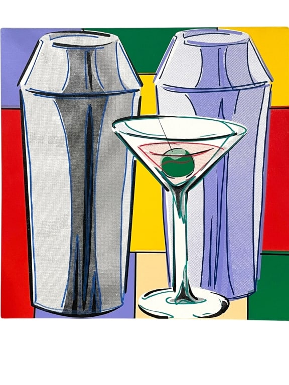 STEVE KAUFMAN MARTINI SILK SCREEN ON CANVAS 21": *for alternative shipping options please go to www.dejavuauctionshipping.com -STEVE KAUFMAN (1960–2010) MARTINI WITH SHAKERS HAND PULLED SILKSCREEN WITH HAND PAINTED EMBELLISHMENT MIXED MEDIA ON CAN