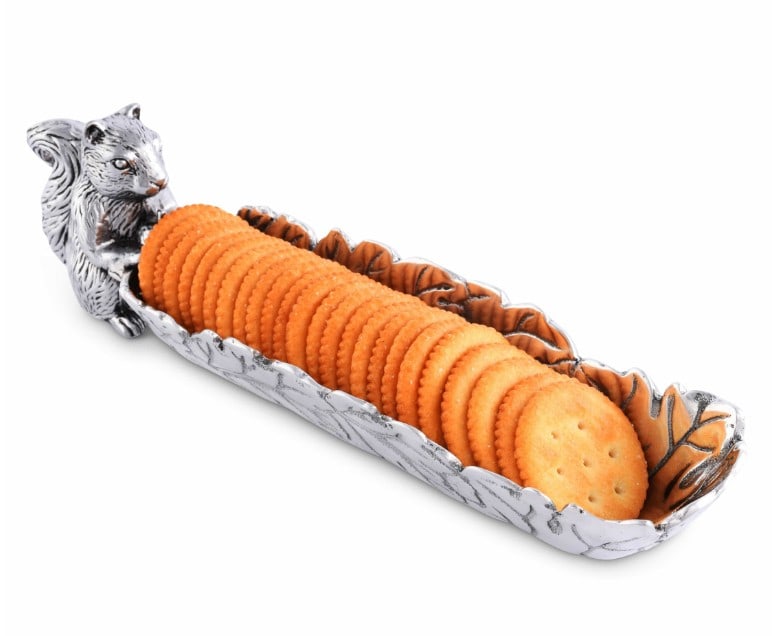 NEW! ARTHUR COURT SQUIRREL CRACKER TRAY: A lively Arthur Court squirrel figure presides over this autumn leaf decorated cracker tray. Perhaps it is having trouble deciding which goody to scamper off with! You and your guests will be delighte