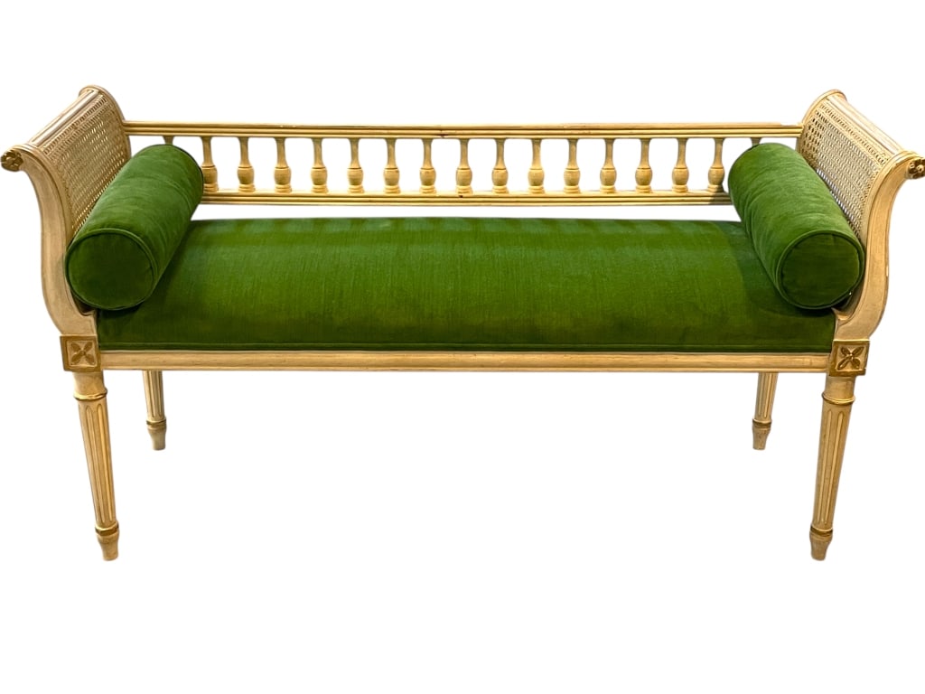 NEOCLASSICAL STYLE CANED SETTEE GREEN VELVET 53" (1 of 8)