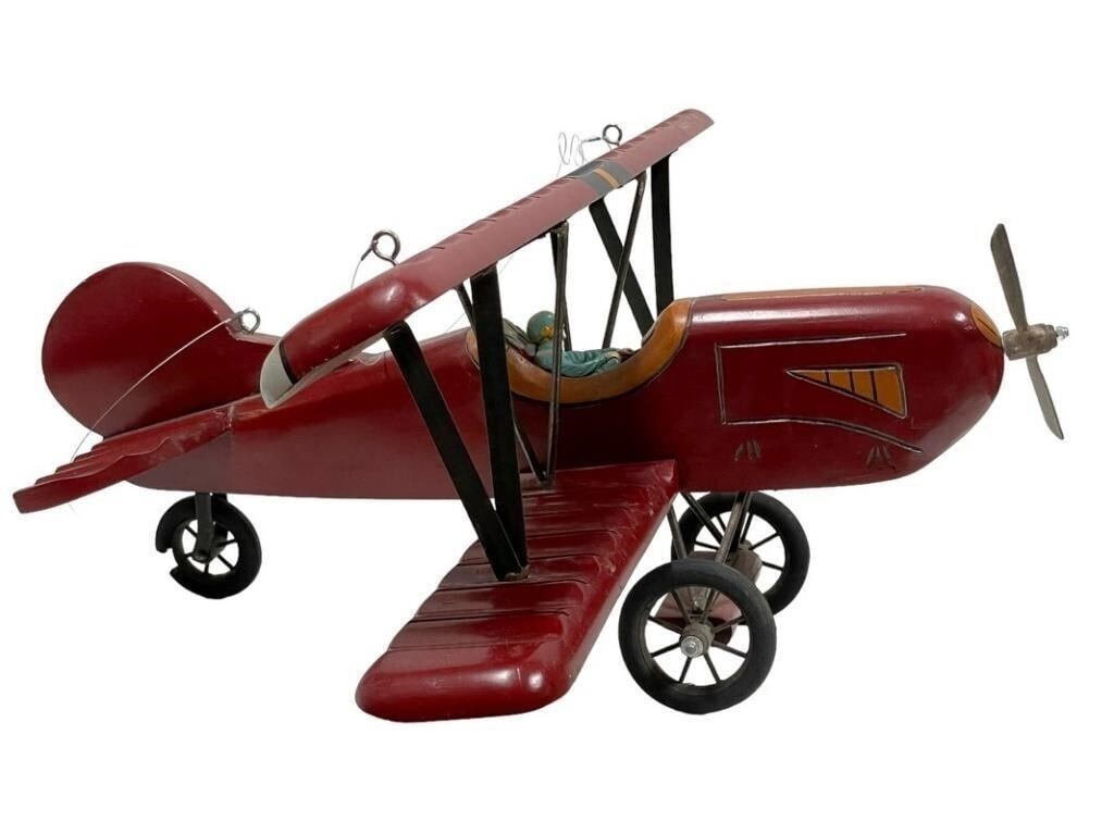 WOOD CARVED PLANE W RED BARON FIGHTER PILOT 29" (1 of 8)