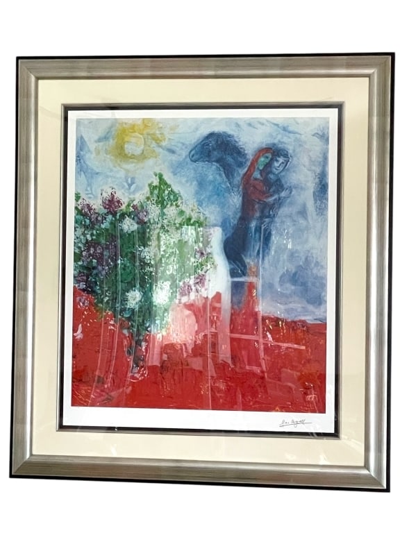 LARGE MARC CHAGALL LOVERS OVER RED PRINT 52" (1 of 6)