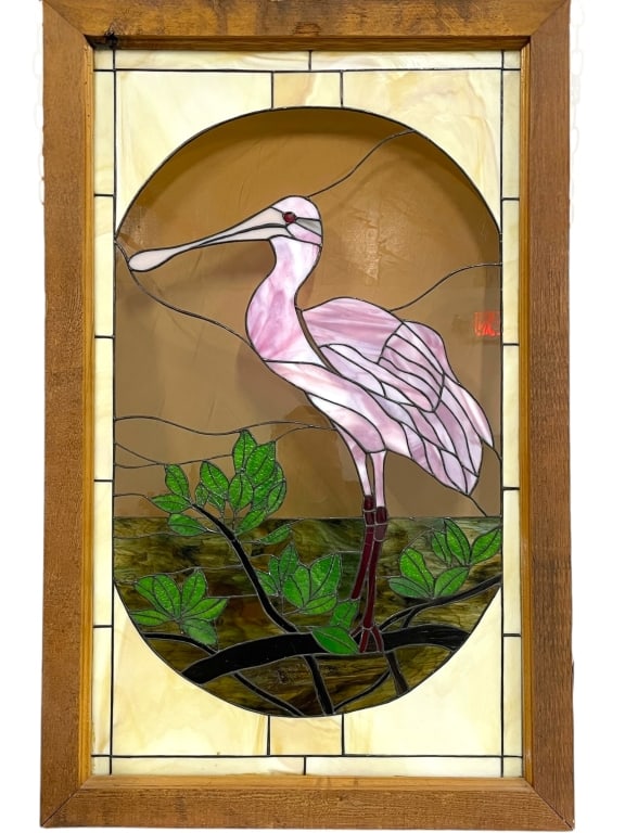 FRAMED STAINED GLASS HERON PANEL 39" (1 of 4)