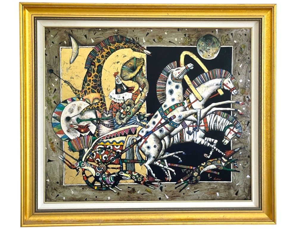 LARGE MODERNIST CHARIOT PAINTING SIGNED ANDREI 45" (1 of 4)
