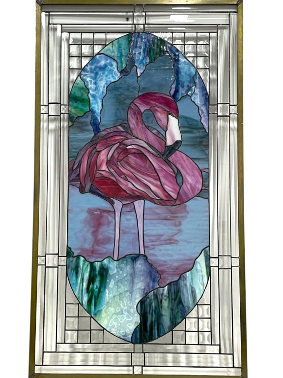 STAINED GLASS FLAMINGO PANEL BY SHARON EARL 45" (1 of 7)