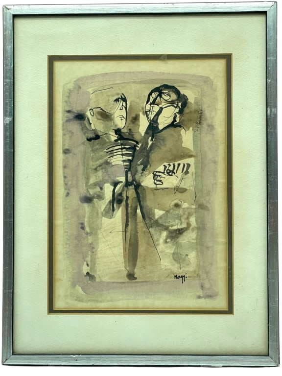 GUIDO MAGGI ORIGINAL INK WASH DRAWING 16.5": GUIDO MAGGI ORIGINAL INK WASH DRAWING, SIGNED LOWER RIGHT — A POWERFUL ABSTRACT FIGURAL COMPOSITION IN MONOCHROME TONES, CAPTURING A RAW, EMOTIVE EXCHANGE BETWEEN TWO STYLIZED FACES. LOOSE, EXPRESSI