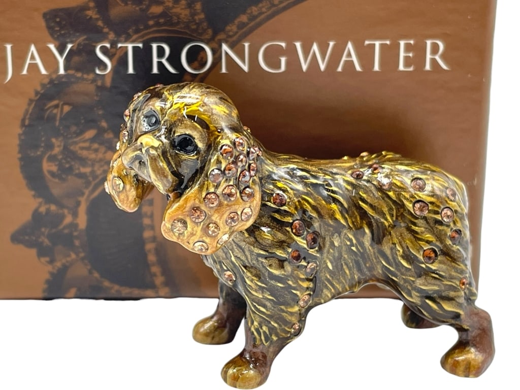 JAY STRONGWATER KING CHARLES SPANIEL FIGURE W/BOX: *for alternative shipping options please go to www.dejavuauctionshipping.com -JAY STRONGWATER JEWELED SPANIEL ENAMEL FIGURINE WITH CRYSTALS -Striking Jay Strongwater jeweled spaniel figurine, expertly