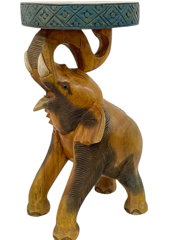 CARVED WOOD ELEPHANT SIDE TABLE W ROUND TOP 22" (1 of 8)