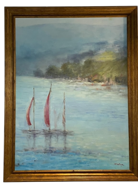 COASTAL SAILBOATS GICLEE PRINT ON CANVAS 53": *For ALTERNATIVE SHIPPING QUOTES, please visit www.dejavuauctionshipping.com* HAND EMBELLISHED GICLEE PRINT OF COASTAL SAILBOATS, 53" X 41.5" APPROX -Large hand embellished giclée print depicting a s