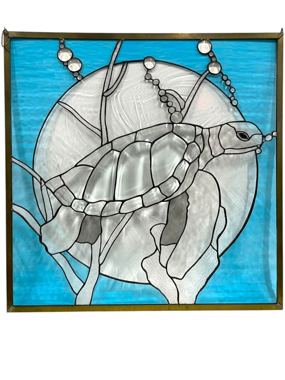 SEA TURTLE STAINED GLASS PANEL BY SHARON EARL 32": -SIGNED SHARON EARL SEA TURTLE STAINED GLASS PANEL 32" X 32" APPROX -Impressive signed Sharon Earl stained glass panel depicting a graceful sea turtle swimming amid aquatic vegetation, masterfully exe