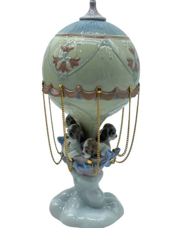 LLADRO UP AND AWAY HOT AIR BALLOON FIGURINE W BOX: *for alternative shipping options please go to www.dejavuauctionshipping.com -LLADRO “UP AND AWAY” #01006524 RETIRED GLAZED PORCELAIN HOT AIR BALLOON FIGURINE WITH BOX -Impressive retired Llad