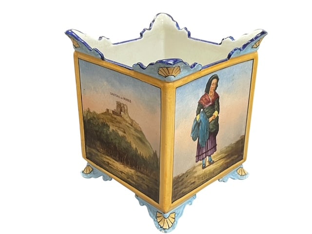 FRENCH CERAMIC FAIENCE CACHEPOT PLANT POT ANTIQUE: *For ALTERNATIVE SHIPPING QUOTES or local PICKUP details, please visit www.dejavuauctionshipping.com* This image shows a vintage French faïence or ceramic cachepot planter, likely from the late 19th