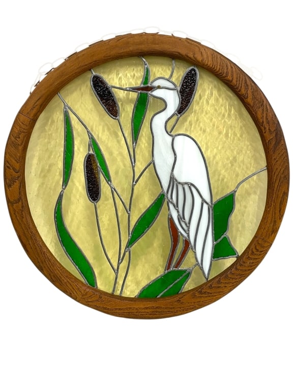 STAINED GLASS HERON PANEL IN OAK FRAME 23" (1 of 6)