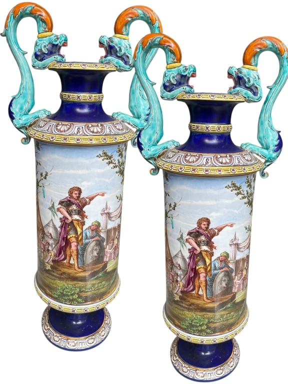 MAJOLICA HAND-PAINTED VASES W DRAGON HANDLES 18": *For ALTERNATIVE SHIPPING QUOTES, please visit www.dejavuauctionshipping.com* PAIR OF MAJOLICA STYLE HAND-PAINTED FIGURAL VASES WITH DRAGON HANDLES -Striking matched pair of tall majolica style cerami