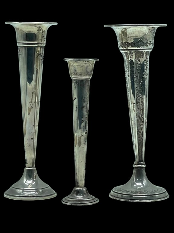 LOT OF 3 STERLING SILVER TRUMPET VASES 290 G (1 of 14)